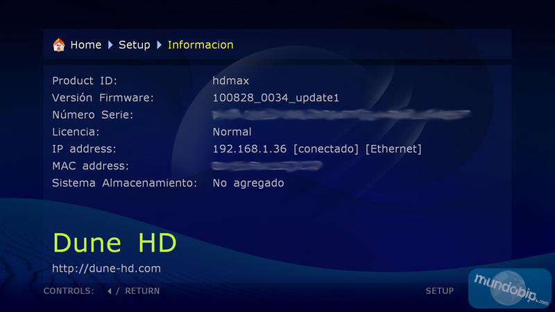 Configuración Información Dune HD Max