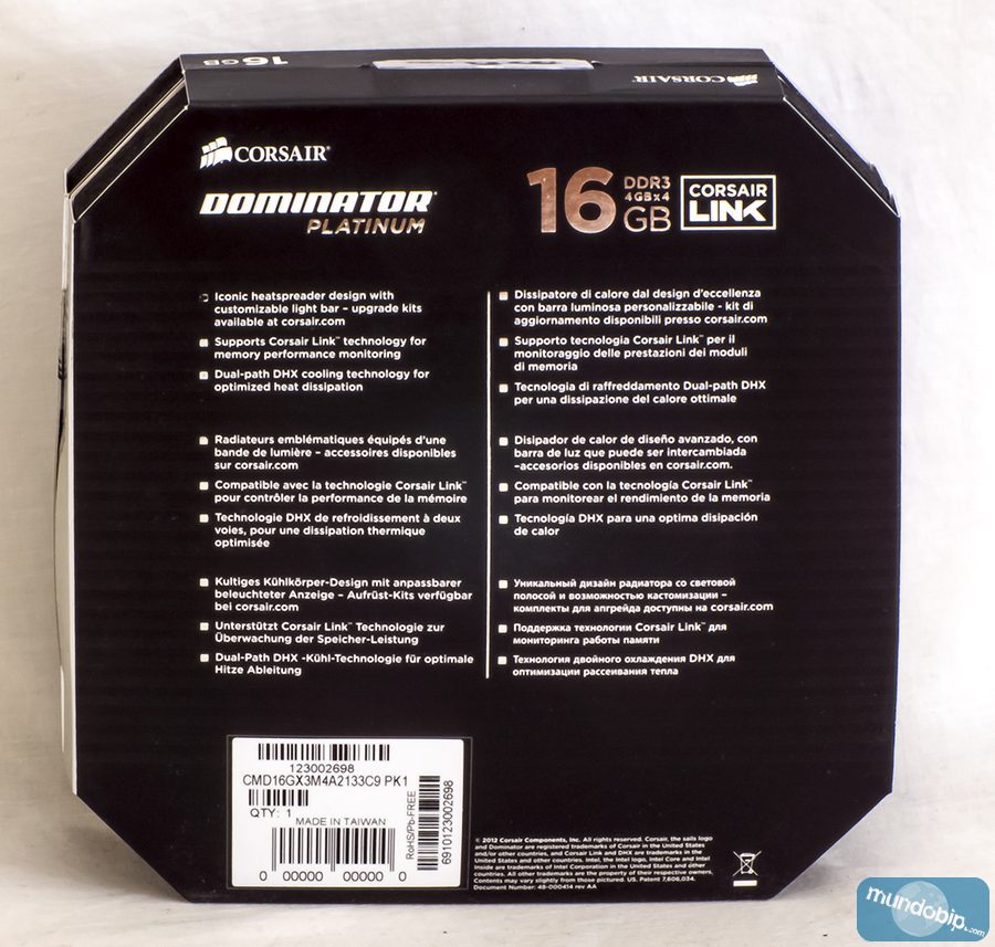 Embalaje trasero Corsair Dominator Platinum 2133 CL9 CMD16GX3M4A2133C9