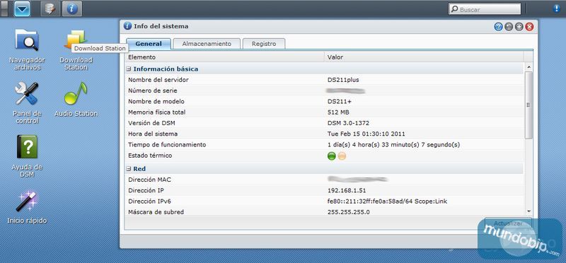 Informacin del sistema Synology DiskStation DS211+